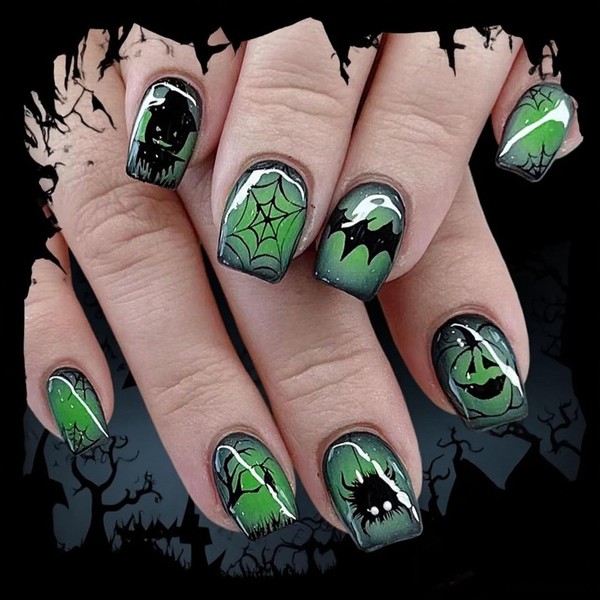 Short Square Press on Nails Halloween Green Fake Nails with
