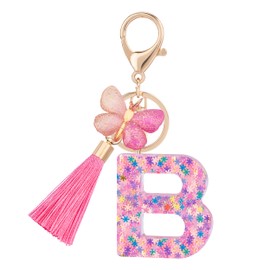 Suweibuke Cute Pink Key Chains for Women Girls, Initial Letter Keychains with Tassel, Charms for Key Purse Handbags Backpacks (Colorful Pink Butterfly-B)