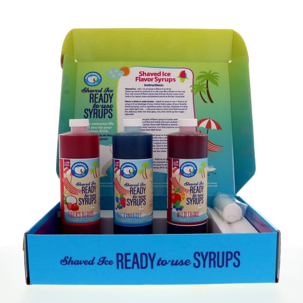 Hypothermias Syrup for Snow Cones 🍧 Shaved Ice Flavor Syrups Gift Set in Box 🎁 Variety 3 Pack Pints (16 Fl. Oz each) - BPA-Free Plastic Bottles with Pour Top - Tiger's Blood, Rock and Roll, Wild Thing - Made with Non-GMO, 100% Pure Cane Sugar - No Corn Syrup