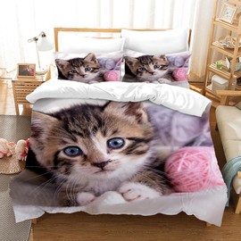 PORJDN Bedding Set Cat, Children's Bedding with Duvet Cover and Pillowcase 65 x 65 cm, Kitty Pattern Duvet Cover 3D Pet Cat Duvet Cover Set (Kitten 1, 140 x 200 cm)