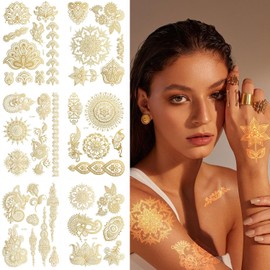 6 Hojas de Tatuajes Temporales de Henna - Diseños Elegantes de Encaje Dorado y Flores (Loto/Mariposa) - Arte Corporal Impermeable para Mujeres y Niñas - Accesorios Decorativos para Brazo, Mano, Cuello - Aplicación Segura y Fácil (Oro)