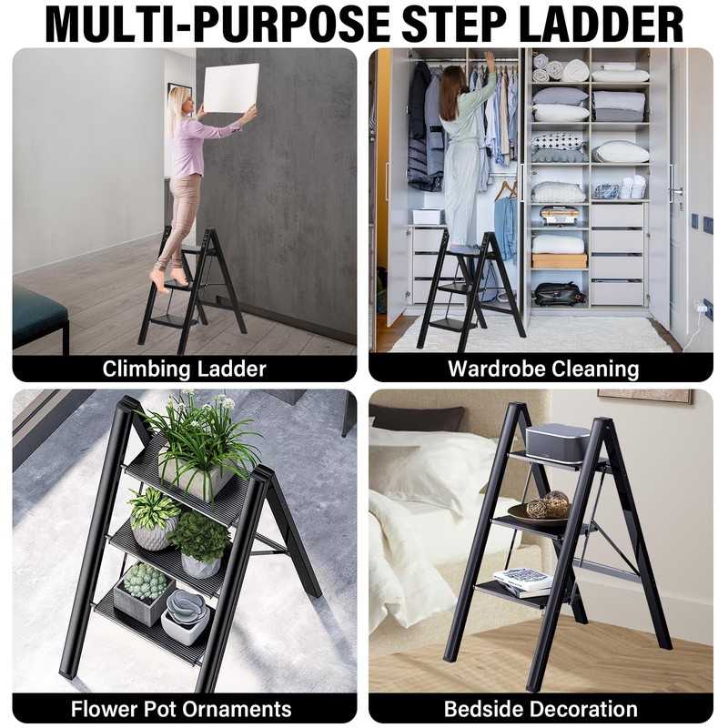 3 Step Ladder, Aluminum Lightweight Folding 3 Step Stool with