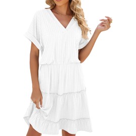 PerZeal Women's Casual V Neck Short Sleeve Tiered Dress Ruffle Hem A-Line Flowy Swing Midi Dresses White X-Large