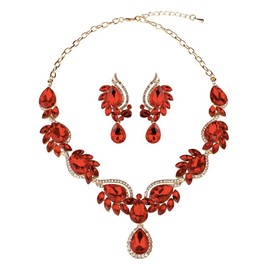 Secret for Longevity Gold Tone Antique Art Deco Vintage Retro Style Flapper Gatsby Ruby Red Rhinestone Statement Wedding Bridal Prom Necklace Earring Set