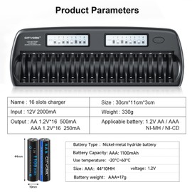 16 Pack Rechargeable AAA Batteries with Charger, 16 Bay AA AAA Battery Charger with Discharge Function Smart LCD Display with 1100mAh High Capacity Pre-Charged Low Self-Discharge Triple A Batteries