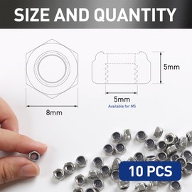 BOUMVID Hexagonal Nuts M5, Pack of 10 Self-Locking Nuts Lock Nuts Stainless Steel 304 Self-Locking Stop Nut Stainless Steel Nut Hexagonal Stop Nuts Lock Nuts DIN985 A2 V2A