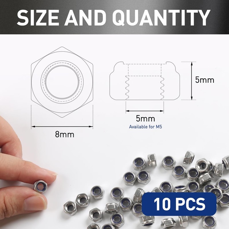 BOUMVID Hexagonal Nuts M5, Pack of 10 Self-Locking Nuts Lock