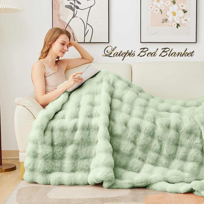 Latepis Faux Fur Throw Blankets Sage Green Bubble Cozy Soft