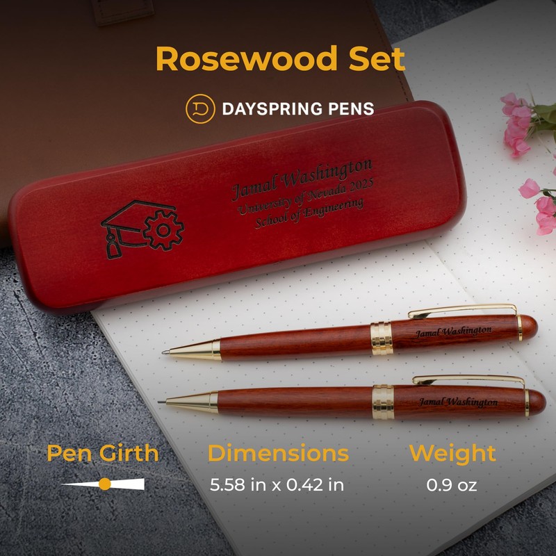 Rosewood Engraved Ballpoint Pen and Pencil Set with matching Wood