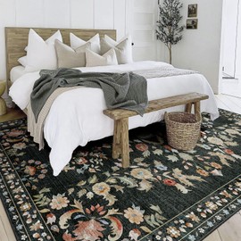 MUJOO 8x10 Area Rugs Washable,Large Floral Rugs for Living Room Bedroom Dining Room,Boho Indoor Floor Rug Non Slip Throw Carpet Low Pile Vintage Black