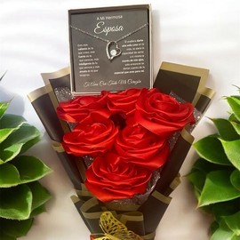 Elegant Rose Bouquet with Heartfelt Message & Heart-Shaped Necklace – Perfect Gift for Your Wife
