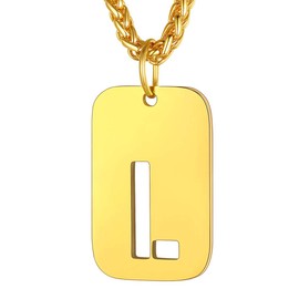 Monogram Letter Necklace Dog Tag Pendants with Spiga Chain 18K Gold Plated Initial Necklaces for Men Women,Letter L