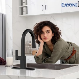 DAYONE Square Kitchen Faucet Matte Black, Modern Pull-Out Kitchen Sink Faucet with Spray, Stainless Steel Single Handle Faucet for Kitche Sink, with Square Deck Plate