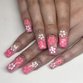 Square Press on Nails Medium Fake Nails with Designs White Flower Stick on Nail Rhinestone Acrylic False Nail French Glossy Artificial Nail Full Cover Glue on Nails for Women