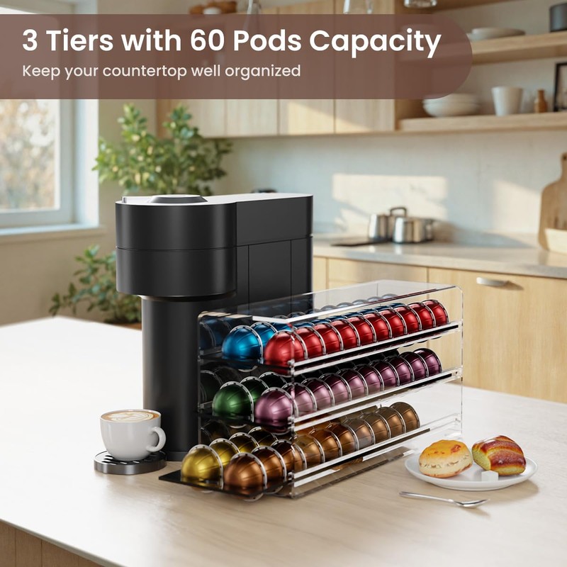 Acrylic Coffee Pod Drawer for Nespresso Vertuo Capsules, 3 Tier