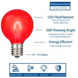 Novelty Lights 25 Pack G40 LED Plastic Flex Filament Outdoor Patio Globe Replacement Bulbs, Red/White/Blue, Dimmable, E12/C7 Base, 0.8 Watt…