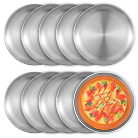 HOFURME 10 Pcs 8 Inch Pizza Pans Bulk Stainless Steel Sets Round Bakeware Pizza Trays for Oven Kitchen Baking Home Restaurant Safe Sturdy Reusable (Silver)