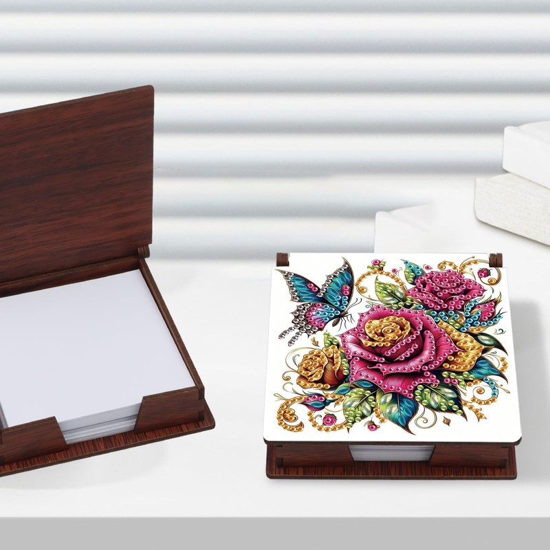 JZHYOAN Flower Diamond Art Wooden Note Box Reusable Portable Notes