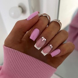 Bling French Tip Press on Nails Medium Length, Pink Fake Nails with Rhinestones Novel Designs False Nails with Glue Artificial Nails Glossy Glue on Nails Square Stick on Nails For Women Girls 24Pcs