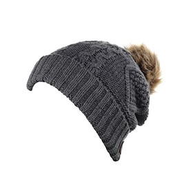 ANGELA & WILLIAM Women's Faux Fur Pompom Fleece Lined Knitted Slouchy Beanie Hat - Choarcoal Charcoal