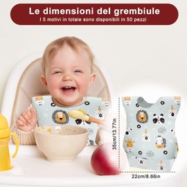 Grillix Pack of 50 Disposable Bibs for Children, Disposable Travel Bibs, Baby Bibs for Family, Travel, Nursery 0-3 Months and Girls in 5 Patterns, White, s