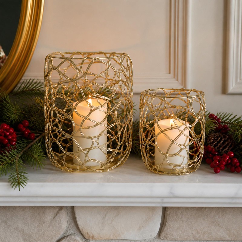 Pillar Candle Holder,Gold Candle Holder Metal Nest Lantern Set 2&3"