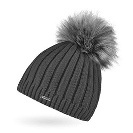Neverless® Women's Knitted Hat Lined Fur Pom Pom Faux Fur Bobble Hat Fleece Lining, 15582 Dark Grey