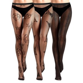 Fourluoo 3 Pairs Women Fishnet Tights Stockings Goth Patterned Small Hole High Waist Lace Fishnets Sheer Pantyhose(Butterfly Stripes Star)