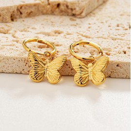 Sylph 14K Gold Plated Hoop Earrings With Butterfly Drop Dangle Earrings for Women Dainty Butterfly Earrings Titanium Steel Hanging Butterfly Earrings Jewelry for Women