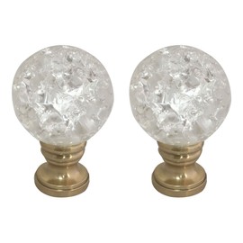 Royal Designs Small Clear Ball with Crackle Texture K9 Crystal 1.75" Lamp Finial for Lamp Shade, Polished Brass Base - Set of 2