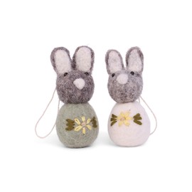 Gry & SIF Embroidered Easter Bunny Hangers, Easter, Easter Decoration, Handmade, Fairtrade | Pendant Grey Pompom Bunny Embroidered, Green and White, Set of 2