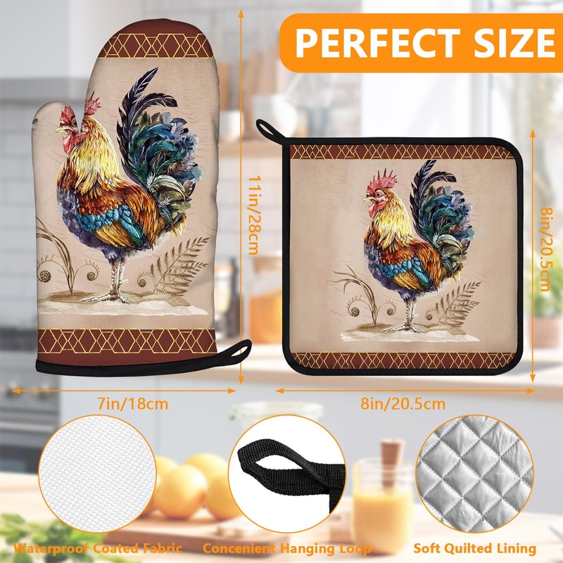 Rooster Oven Mitts and Pot Holders Sets 4Pcs,Extra Long Oven