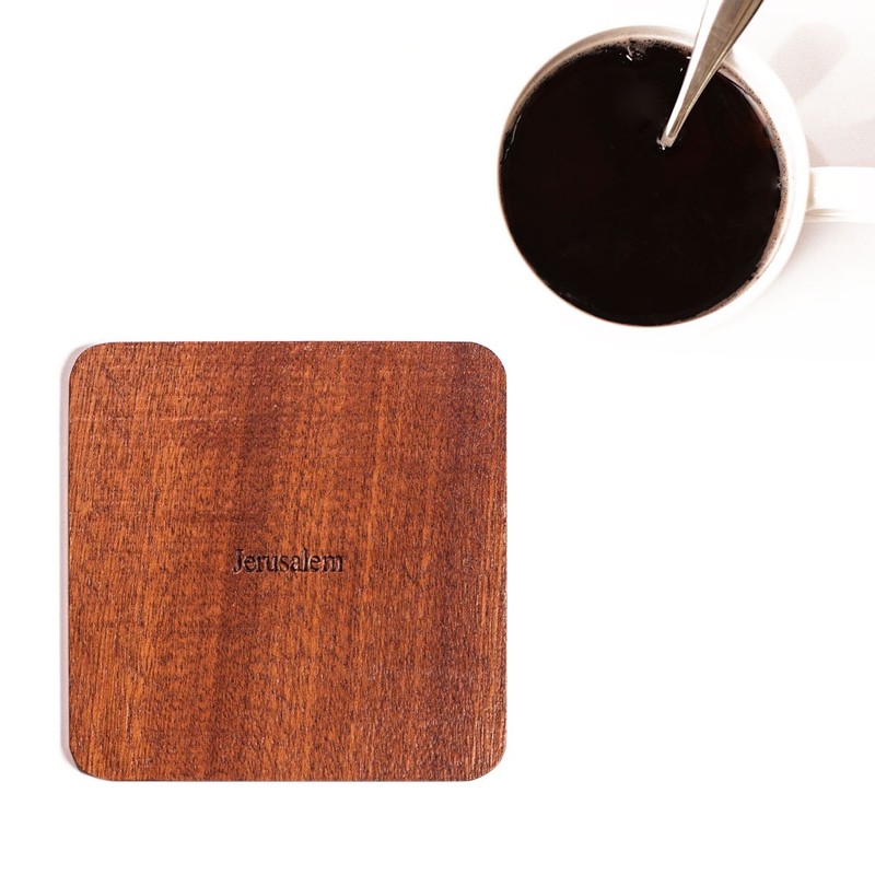 Jerusalem Map Coaster, Set of 4, Sapele Wooden Coaster with