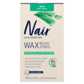Nair Hair Removal Wax Strips Ready-to-use With Soothing Aloe Vera for dry skin, Made With 97% Natural Ingredients, 40 Count Wax Strips