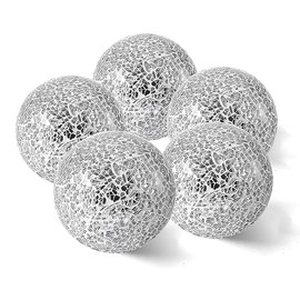 v2croft 3 Inch Decorative Orbs Glass Balls Set of 5, Mosaic Sphere Globe for Whole Housewares, Wedding, Birthday, Bowls, Vases Dining Table Centerpieces (Silver)
