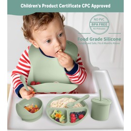 ECLIP Silicone Baby Feeding Set, 10 Pcs Baby Led Weaning Supplies with Suction Bowl Divided Plate Adjustable Bib Soft Spoon Fork Snack Cup with Lid Drinking Cup, Utensil (Dark Green)