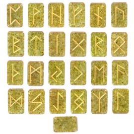 Rockcloud Resin Peridot Crystal Rune Stone Set, Engraved Lettering Elder Futhark Alphabet for Reiki Healing Meditation Divination, Green