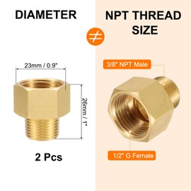 uxcell Brass Pipe Fitting, 1/2"G Female × 3/8"NPT Male Brass Hex Nipple Pipe Fitting Connector, 1/2" to 3/8" Female Pipe Fitting Adapter with PTFE and Gaskets, Gold Tone
