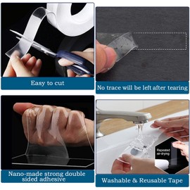 Transparent Double-Sided Adhesive Tape, 9.85 feet (3 Meters) Extra Strong and Washable, Thin Nano Tape, Removable, No Residue, Non-Slip, Reusable, Adhesive Tape for Carpet, Kitchen, Car, or Office