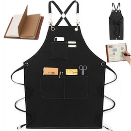 Canvas Chef Apron with 3 Pockets - Adjustable Cross Back Apron for Men and Women, Ideal for Kitchen, Gardening, BBQ, and Crafting - Durable Work Apron for Home and Professional Use with Notebook