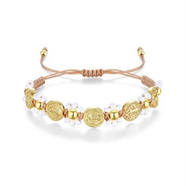 Feyukeu 18K Gold Plated Saint Benedict Medal Bracelet‌ - Adjustable Handwoven Catholic Jewelry for Women, Spiritual Protection Religious Gift