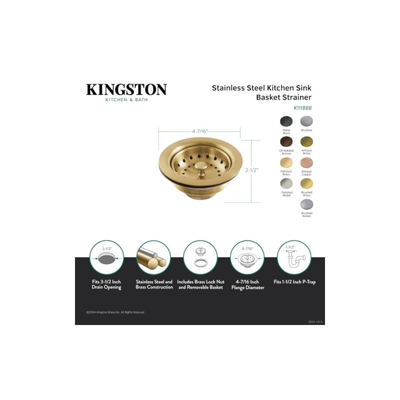 Kingston Brass K111BBB Tacoma Stainless Steel Kitchen Sink Basket Strainer,