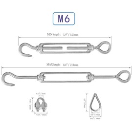 LQSCJS 2 x M6 hook and eye turnbuckle 304 stainless steel turnbuckle wire rope tension, 5 pieces M3 stainless steel thimble, 6 pieces M3 wire rope clamp, cable rails kit for wire rope cable