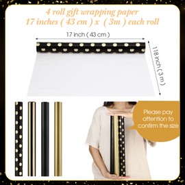 Supervitae 4 Rolls Black and Gold Fathers Day Wrapping Paper Roll 17 Inch x 10 ft Mini Roll Solid Color Striped Polka Dot Design Gift Wrap for Birthday Holiday Father's Day Men Husband Wedding Party