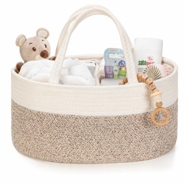 Kodomoore Nappy Caddy – Cotton Rope Baby Storage Basket for Newborn Essentials – Portable Organiser for Changing Table, Nursery or Car – Gift Basket for Baby Shower – White and Beige Brown