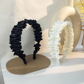 2Pcs Pleated Wide Brimmed Headband Retro Headband Hairband Hair Hoop Headwear Fashion Hair Accessories (Black and Beige, One size)