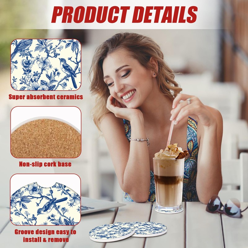 Blue Bird Floral Car Coasters for Cup Holders, Absorbent Ceramic