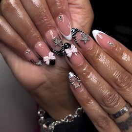 24Pcs Press on Nails with Charms, Medium Almond Fake Nails French Tip Glue on Nails 3D Bow Star Acrylic Nails Cute False Nails Medium Length Artificial Nails Handmade Press on Nails for Women