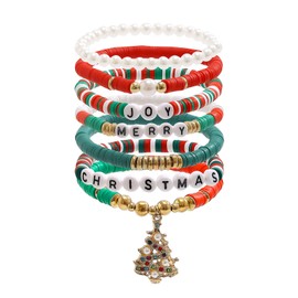 JEWTOP Christmas Bracelets Set for Women Girls Merry Christmas Bracelet with Charms Christmas Tree Elastic Colourful Clay Beads Bracelets Christmas Decoration for Women Christmas Gifts