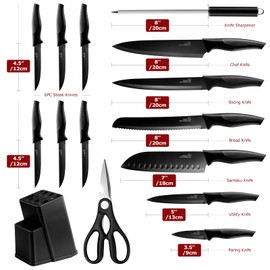 LIANYU Kitchen Knife Set, 15 Pieces Knife Block Set with Sharpener, High Carbon Stainless Steel Chef Knife Set, Includes Utility Paring Carving Santoku Steak Knife, Sharp & Rust Resistant, Black